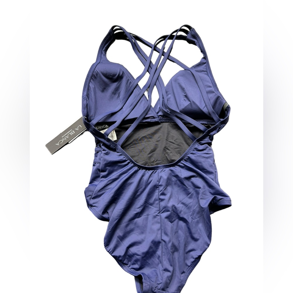 LA BLANCA SWIM women’s navy blue  one piece cross back swimsuit w tummy control - Picture 4 of 6